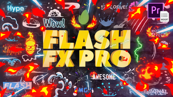 【PR脚本】二维卡通游戏动漫火焰能量文字标题LOGO转场MG动画元素包 Flash FX Pro For Premiere