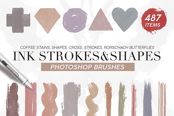 【PS笔刷】487支水墨笔触形状Photoshop笔刷 487 Ink Shapes Photoshop Brushes