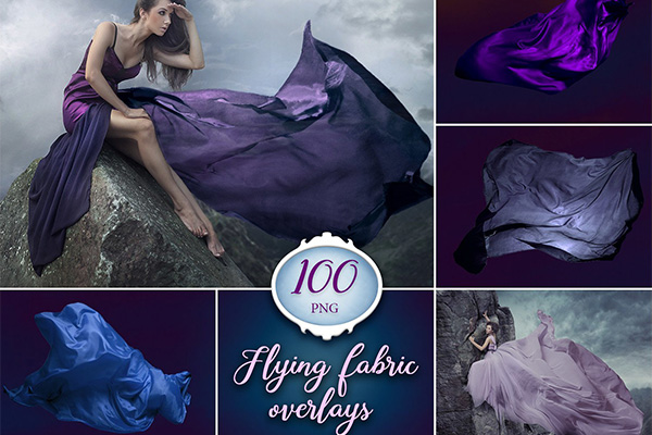 【图片素材】100款5K影楼婚纱大片裙摆拖尾丝绸飘动飘纱合成PNG素材 100 Flying Fabric Photo Overlays