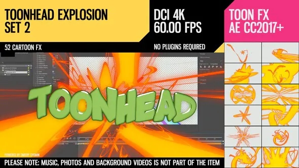 【AE模板】52种4K分辨率卡通效果FX风格爆炸图形元素动画第二套 Toonhead (Explosion FX Set 2)