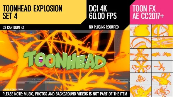 【AE模板】52种4K分辨率卡通效果FX风格爆炸图形元素动画第四套 Toonhead (Explosion FX Set 4)