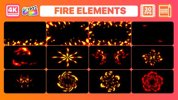 【FCPX插件】12组二维卡通动漫火焰燃烧动画 Fire Elements And Backgrounds