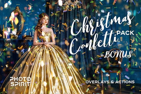 【图片素材】42张色彩缤纷的圣诞节五彩纸屑和闪光覆盖效果图片素材+PS动作 Confetti Overlay Effect In Photoshop