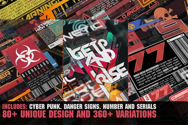 【图片素材】360组赛博朋克未来派数码科技风格文字图形贴花贴纸PNG元素包 360+ Cyberpunk Decals Bundle