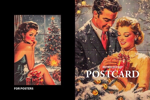 【PSD模板】复古海报照片明信片粘贴胶合印记折痕特效 Vintage Postcard Poster Effect