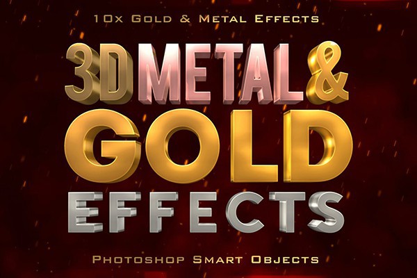 【PSD模板】12款逼真金属质感3D字体样式PSD模板 3D Metal & Gold Effects