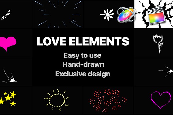 【FCPX插件】16种浪漫爱情手绘卡通动漫元素MG动画 Love Elements