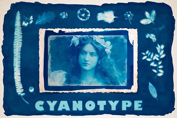 【PSD模板】照片制作古典摄影蓝晒印相效果PS模板 CYANOTYPE Digital Photoshop Effect