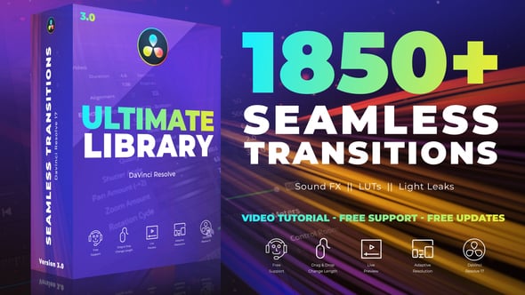【达芬奇模板】1850个无缝转场耀斑漏光音效调色LUT素材包 Seamless Transitions for DaVinci Resolve