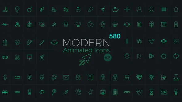 【AE模板】580个网络媒体生活购物食物器材工具箭头天气图标动画 Modern Animated Icons Library
