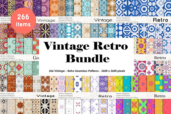 【图片素材】266个复古无缝图案拼贴元素背景素材 Vintage Retro Patterns Bundle