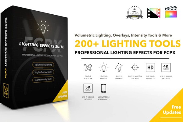 【FCPX插件】视频灯光效果制作散景炫光闪光漏光聚光灯特效插件 Pixel Film Studios – FCPX Lighting Effects Suite