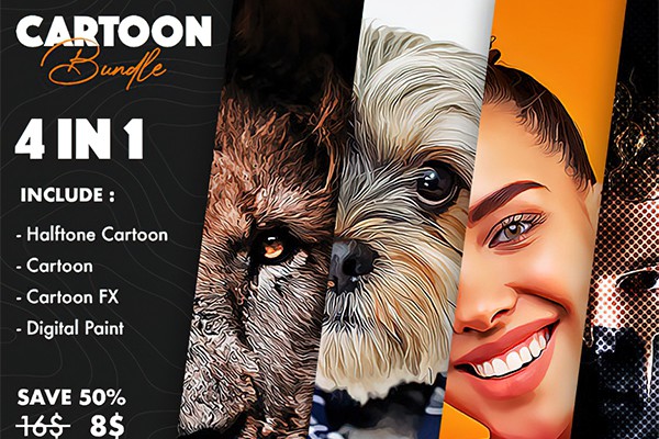 【PS动作】4合1照片转手绘漫画卡通油画半色调效果PS特效动作 4 in 1 Cartoon Bundle Photoshop Actions
