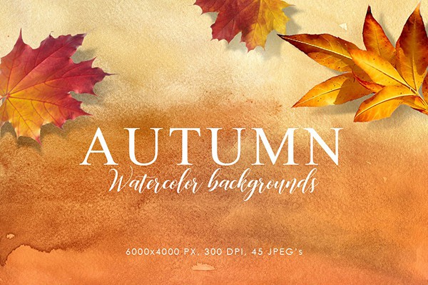 【图片素材】45张秋季金黄色水彩纹理背景图片素材 Autumn Watercolor Backgrounds