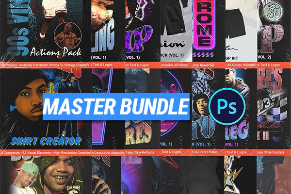 【PS素材】29套90年代经典怀旧PS文字样式NBA运动T恤PS样机复古纹理预设大师包 FULLERMOE – Master Bundle