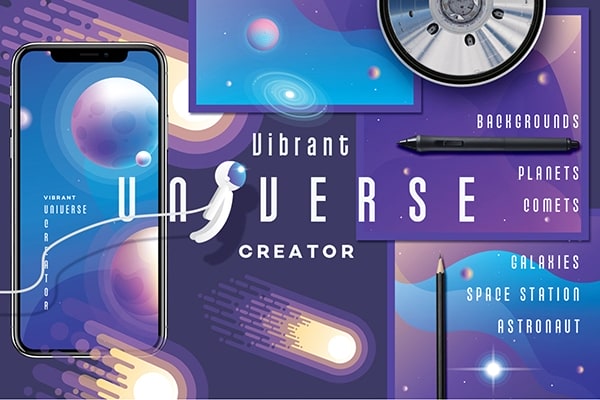 【矢量素材】63款深邃宇宙太空星空矢量背景彗星行星星系宇航空间站PNG图片素材 Vibrant Universe Creator