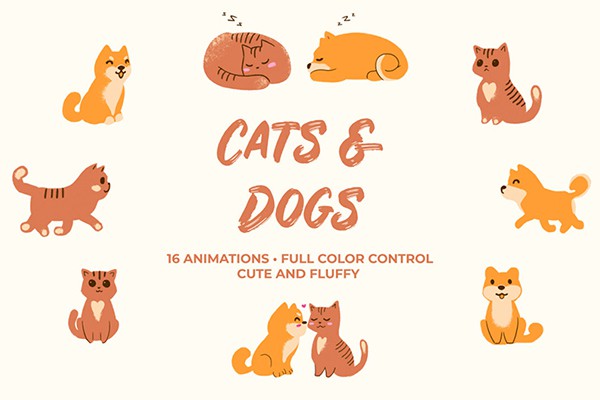 【视频素材】16组手绘卡通可爱小猫小狗动画 Cats And Dogs. Hand Drawn Pack