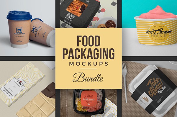 【PS样机】40个咖啡杯蛋糕盒冰淇淋杯纸美食包装PSD样机模型 40 Food Packaging Mockups Bundle