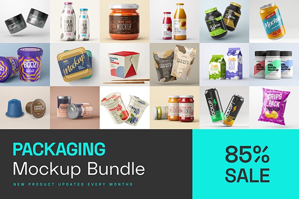 【PS样机】200个食品容器牛奶纸盒酸奶杯果汁汽水瓶药瓶罐头化妆品包装PSD样机模型 Packaging Mockup Bundle