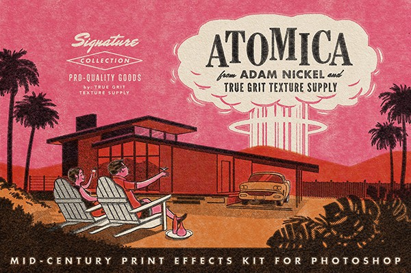 【PSD模板】模拟粗糙复古中世纪印刷纹理色彩特效PS模板 Atomica Mid-Century Print Effects