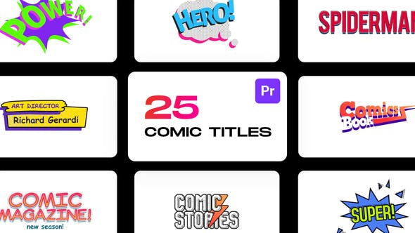 【PR脚本】25种综艺动漫卡通可爱有趣贴纸气泡花字标题动画 Comic Titles for Premiere Pro