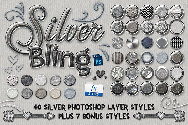 【PS样式】40款高端银质与彩虹星光PS图层样式 Silver Bling Photoshop Layer Styles
