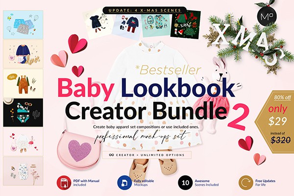 【PS样机】婴儿服饰长短袖连体服鞋帽童装PSD模型样机 Baby Lookbook Creator Bundle vol.2
