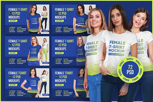 【PS样机】72套女生短袖T恤展示设计PSD模型样机 Female T-Shirt Mockups Bundle