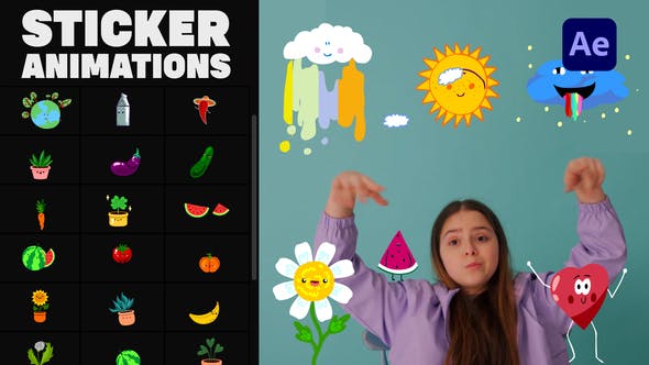 【AE模板】25个可爱卡通手绘综艺贴纸动画 Nature Emoji Stickers Animations