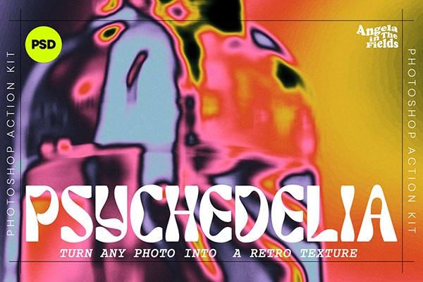 【PSD模板】12个奇特复古迷幻扭曲特效酸性肌理图像效果PS动作 Psychedelic Texture Kit