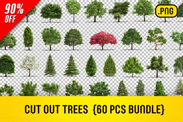 【PNG素材】60张高分辨率透明背景各种树木PNG图片素材 Cut Out Trees – 60 Pcs Bundle
