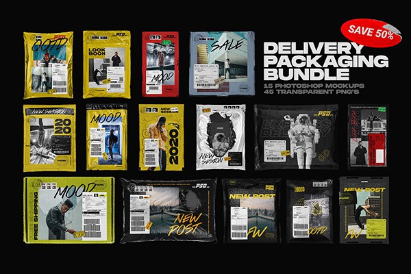 【PS样机】15个快递包裹纸箱包装广告物流出货单PS样机模型 Delivery Packaging Mockup Bundle