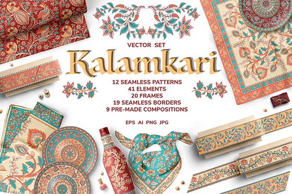 【图片素材】100个印度Kalamkari 刺绣绘画艺术装饰设计无缝印花图案矢量图片素材 Kalamkari Vector Set Ornaments