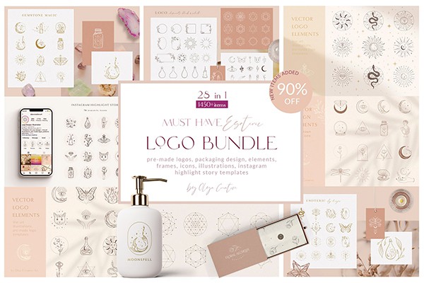 【矢量素材】1450+ 线条艺术元素LOGO预制徽标几何图案包装设计28合1矢量素材合集包  Logo Bundle ~ Mystic Designs