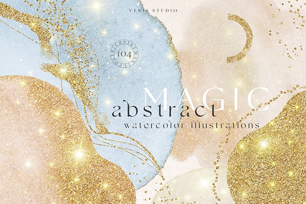 【图片素材】104个魔法抽象金色和水彩纹理艺术形状背景图片素材 Magic Art Abstract Watercolor Shapes