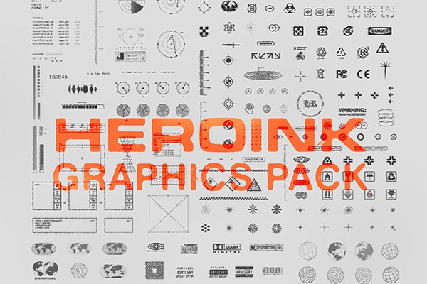 【矢量素材】195个HUD线条地图包装标签条形码等线条元素纸张撕裂和噪点纹理素材 Heroink – Graphics Pack