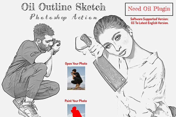 【PS动作】人像照片转油画素描轮廓效果PS特效动作 Oil Outline Sketch PS Action