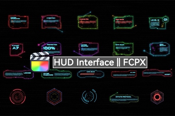 【FCPX插件】20个可自定义文字添加LOGO科幻HUD屏显动画 HUD Interface
