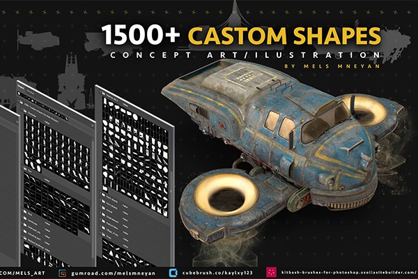 【PS形状】1500+ Kitbash 概念艺术素描交通工具等插图自定义形状 1500+ Kitbash Custom shapes
