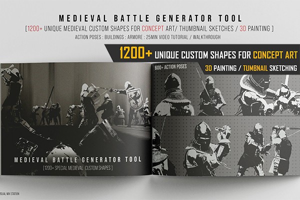 【PS形状】1200+中世纪人物战斗场面绘画草图自定义PS形状 1200+ Unique Custom shapes Mega Pack