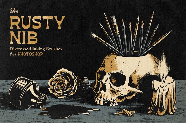 【PS笔刷】130个复古仿旧水墨画笔笔触PS笔刷 The Rusty Nib for Photoshop