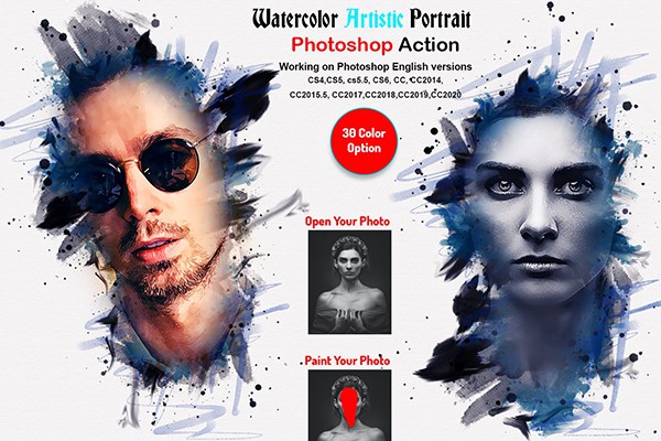 【PS动作】水彩艺术肖像画效果PS动作  Watercolor Artistic Portrait Action