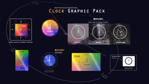 【AE模板】7种独特实用钟表计时动画可修改颜色快速渲染 Real Time Clock Animation Pack