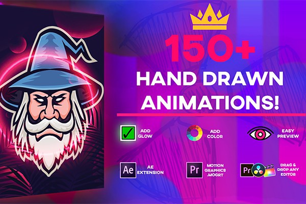 【视频素材】150个手绘涂鸦发光线条运动图形动画包AE/PR特效素材 Ultimate 150 Animations Mega Pack