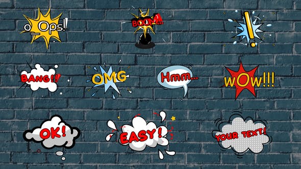 【FCPX插件】10组二维卡通综艺花字气泡贴纸标题动画 Comic Titles