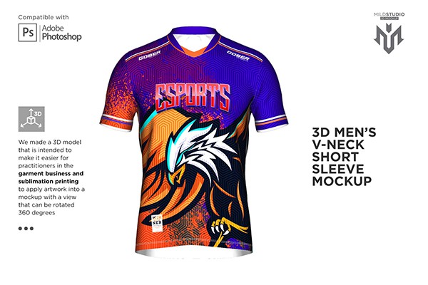 【PS样机】男士3D立体双V领短袖上衣模型PSD样机 3D Double Vneck Short Sleeve Mockup