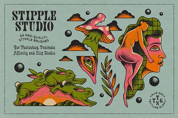 【PS笔刷】69个散点圆点斑点杂点弥散等点状PS笔刷 True Grit Texture Supply – Stipple Studio for Photoshop