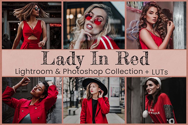 【调色预设】10款时尚红衣女郎摄影后期调色LR预设LUT预设 Lady In Red Lightroom Photoshop LUTs
