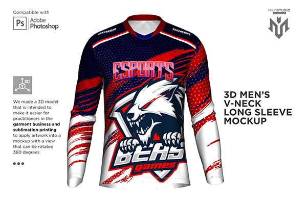 【PS样机】男士3D立体双V领长袖上衣模型PSD样机 3D Double V Neck Jersey Mockup