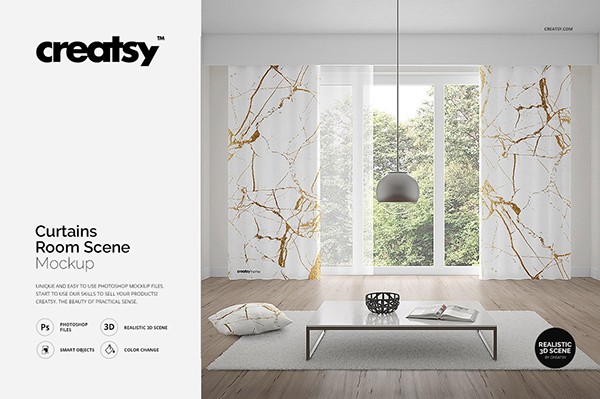【PS样机】简约明亮窗帘房间场景PSD样机模型 Curtains Room Scene Mockup